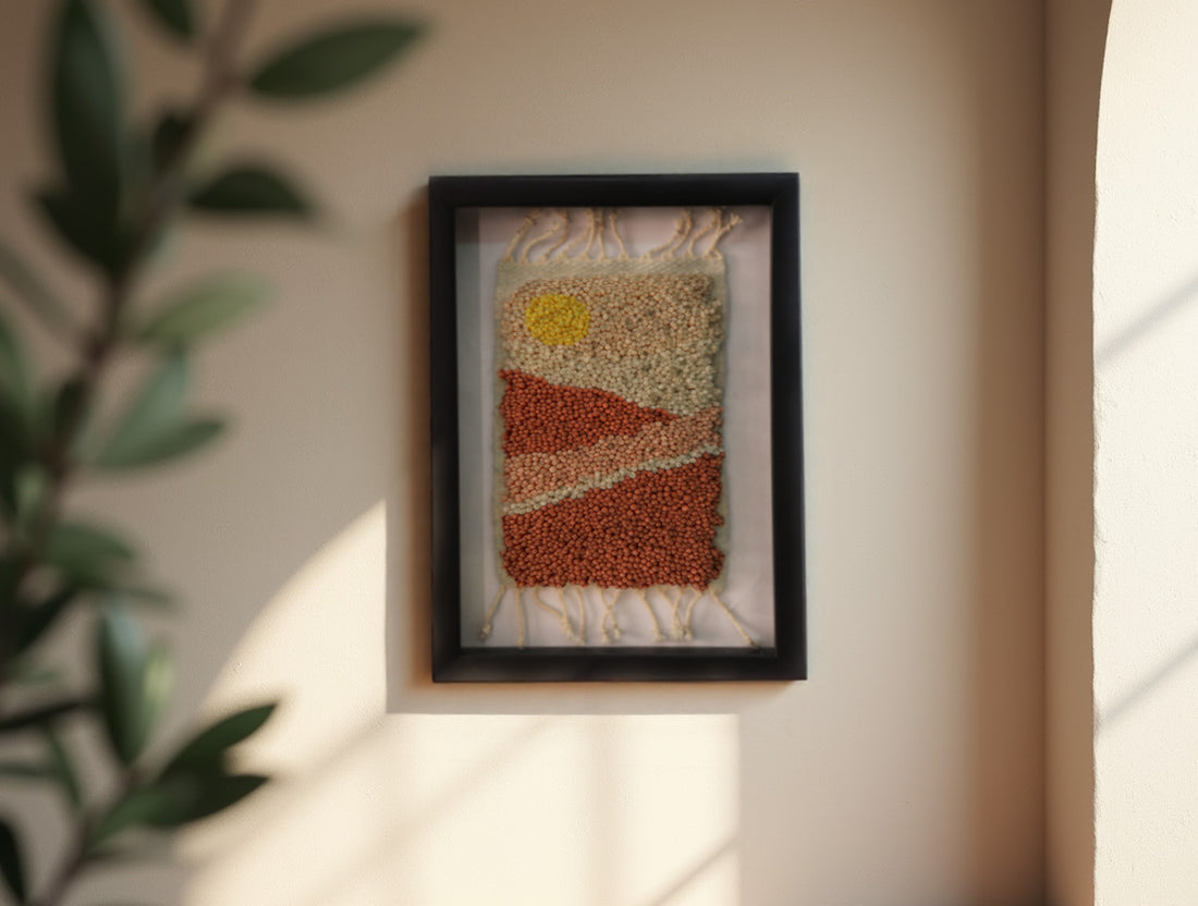 Moroccan rug, sunrise desert wall art, framed wool tapestry, hand-knotted wool wall hanging, Berber weaving, artisanal Moroccan rug, handmade rug art, knot by knot Moroccan textile, 25x31cm framed rug, earth tone wall decor, boho desert decor, Moroccan craftsmanship, wool fiber art, rustic framed rug
