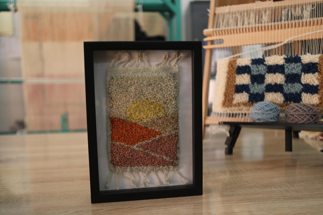 Moroccan rug, sunset wall art, hand-tufted rug, wool landscape textile, framed Moroccan decor, desert sunset art, boho home wall decor, Berber wool weaving, shadow box rug art, handmade Moroccan rug, sunrise art, artisan textile frame, modern Moroccan wall hanging
