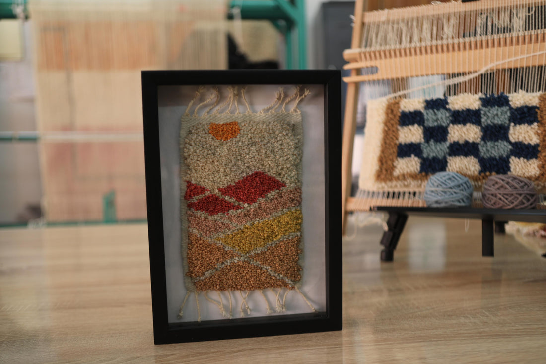 abstract moroccan rug, mini wool rug art, hand knotted wall hanging, warm earth tone rug, framed moroccan textile, 25x31 cm rug art, knot by knot handmade rug, moroccan rug miniature, modern moroccan decor, artisan wool weaving, landscape style wool wall piece
