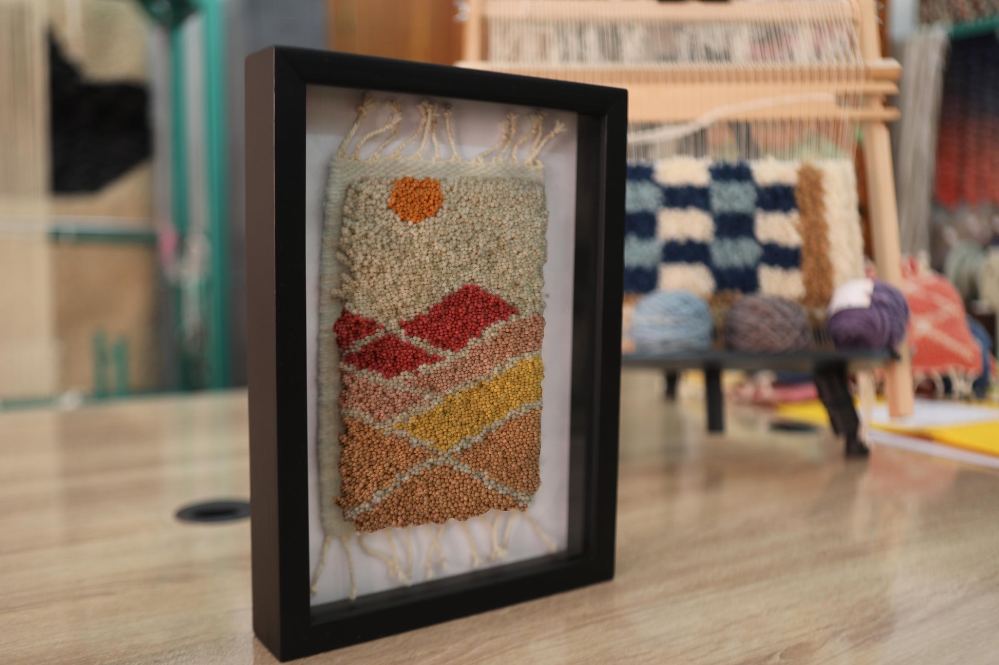 abstract moroccan rug, mini wool rug art, hand knotted wall hanging, warm earth tone rug, framed moroccan textile, 25x31 cm rug art, knot by knot handmade rug, moroccan rug miniature, modern moroccan decor, artisan wool weaving, landscape style wool wall piece
