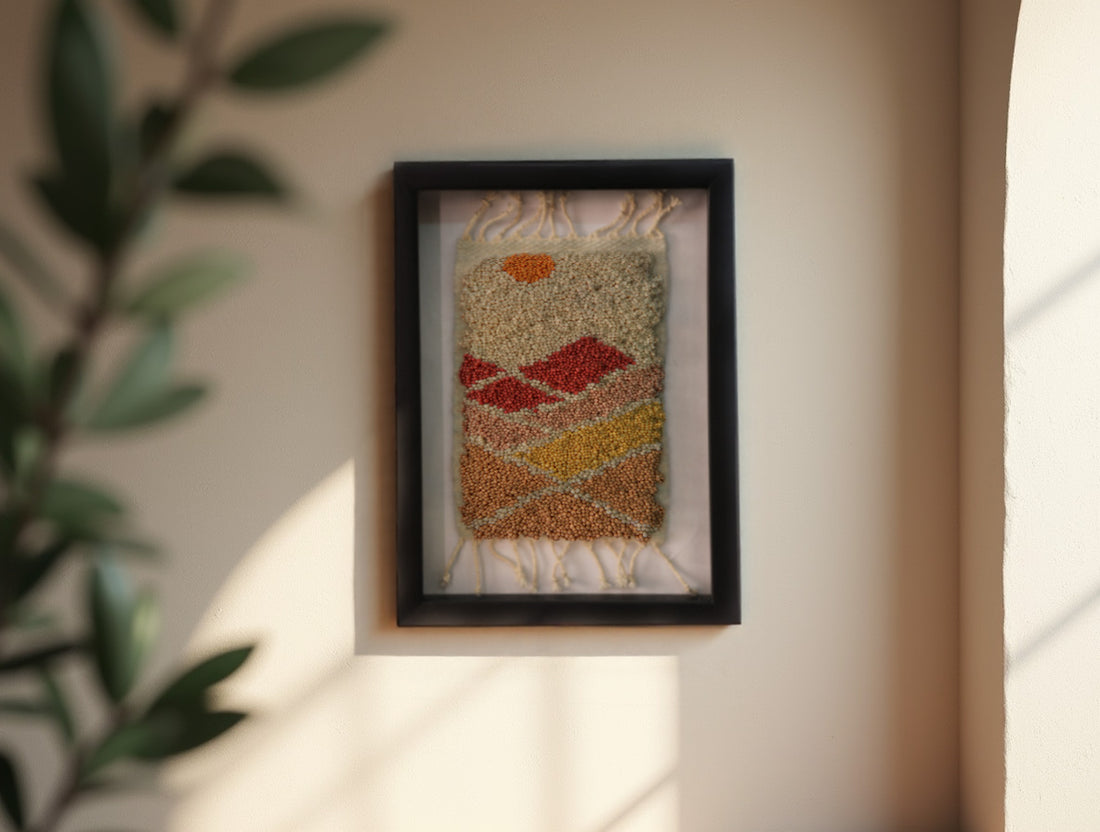 abstract moroccan rug, mini wool rug art, hand knotted wall hanging, warm earth tone rug, framed moroccan textile, 25x31 cm rug art, knot by knot handmade rug, moroccan rug miniature, modern moroccan decor, artisan wool weaving, landscape style wool wall piece
