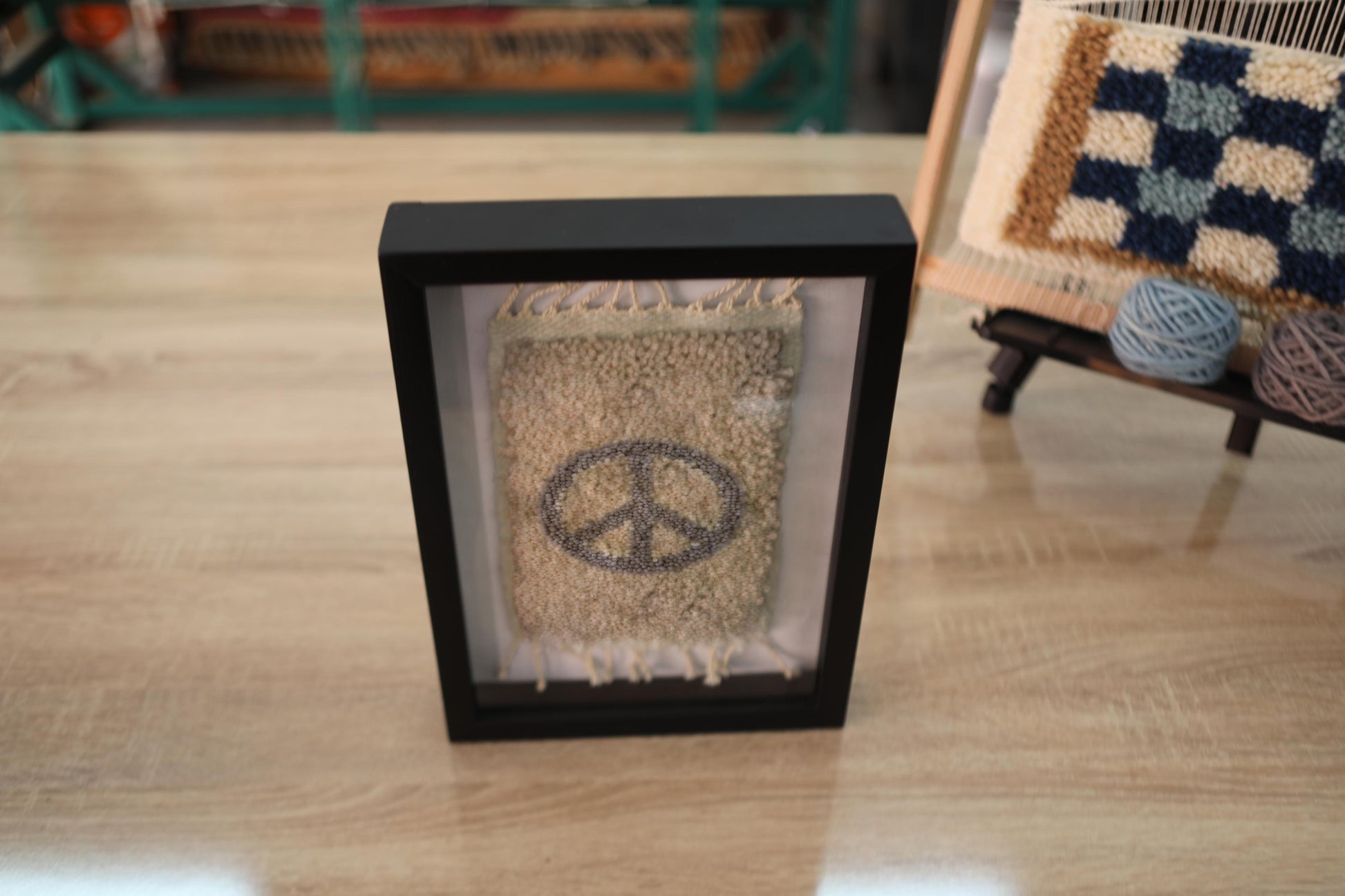 black peace rug, hand-knotted moroccan rug, wall hanging textile, mini wool rug, boho peace sign decor, knot by knot rug art, moroccan handmade tapestry, framed wool rug, 25x31 cm rug wall art
