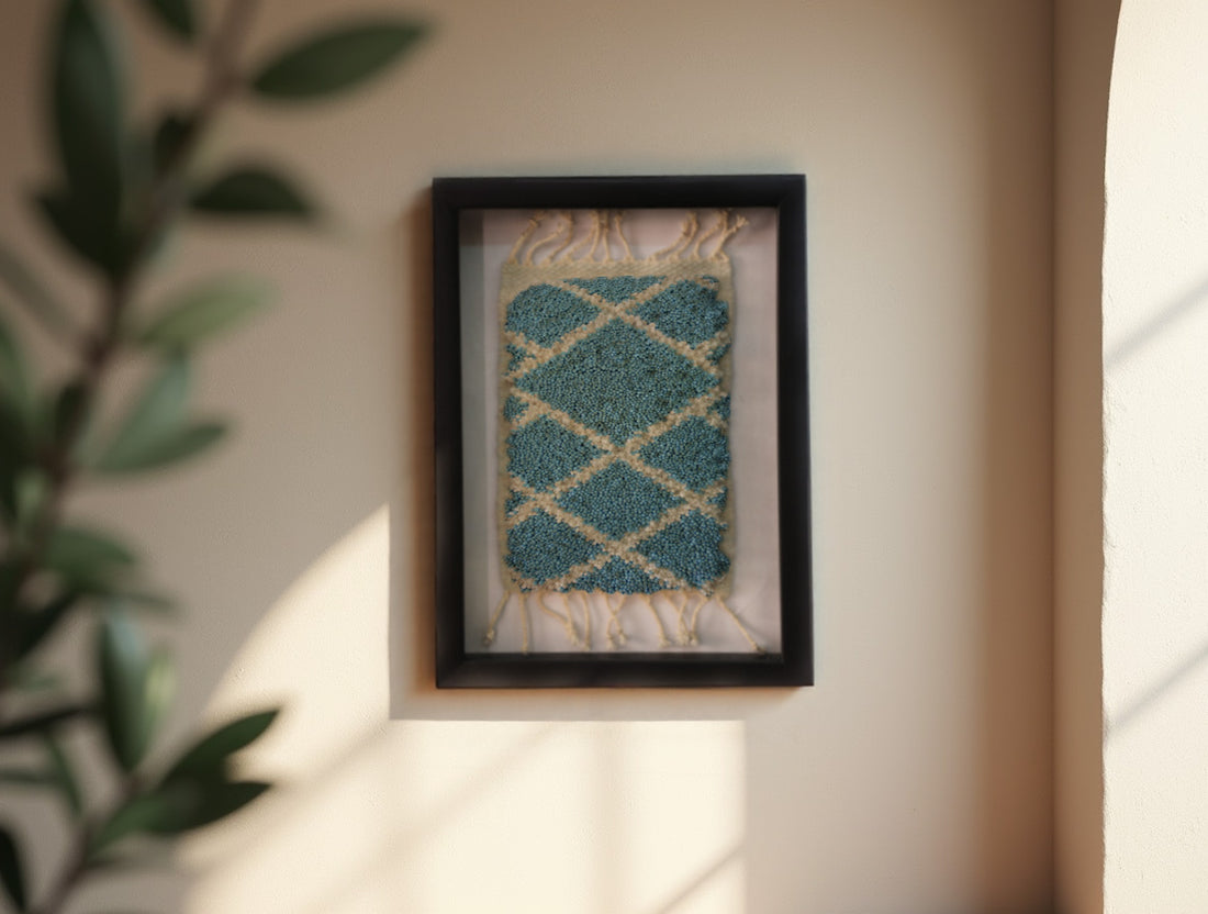 blue diamond grid moroccan rug, framed mini moroccan rug art, wool moroccan wall hanging, knot by knot mini tapestry, moroccan textile wall decor, hand-knotted moroccan wool rug, small geometric moroccan rug, boho framed rug, artisan moroccan woven art, wall art mini moroccan carpet
