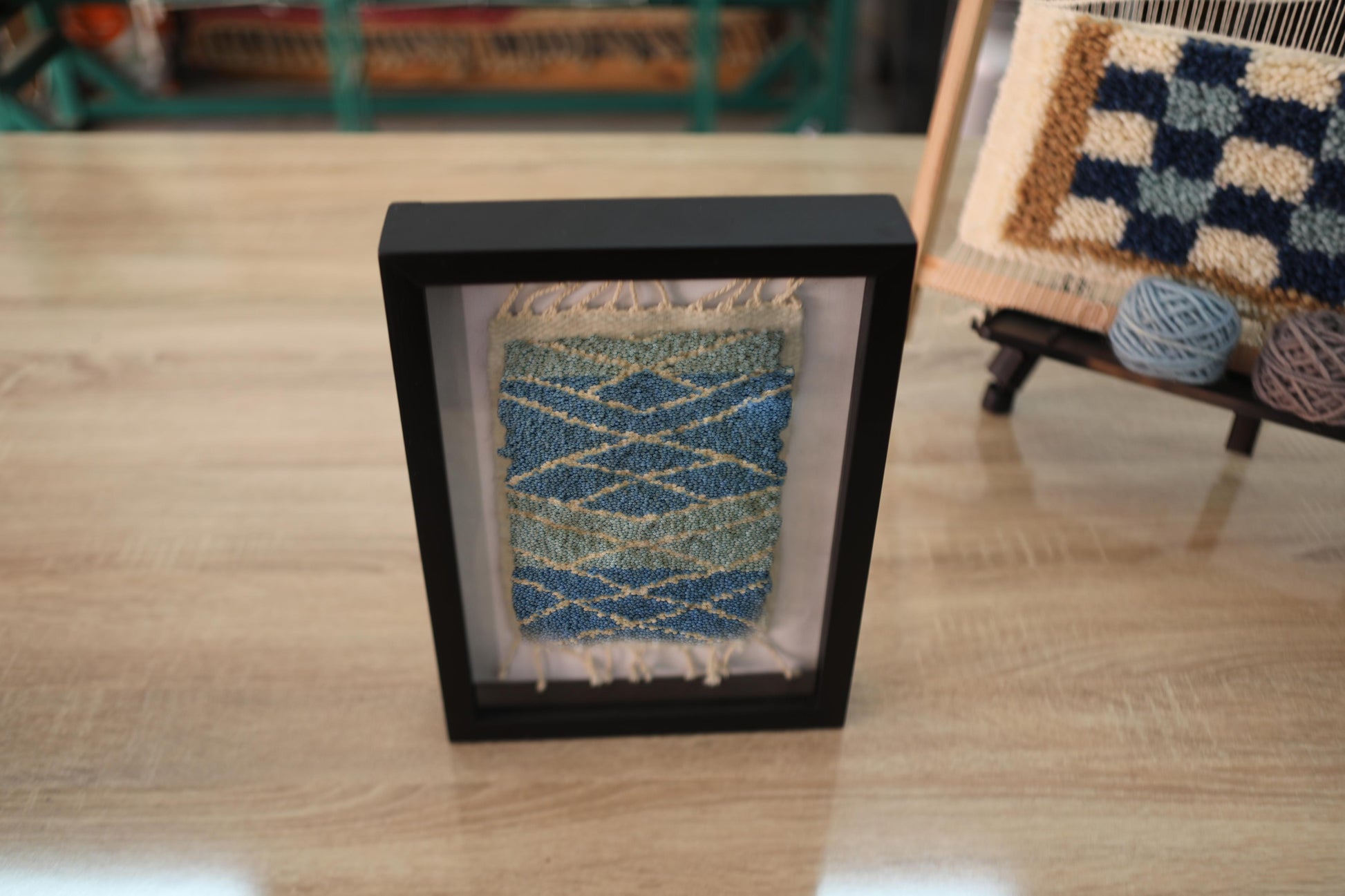 blue diamond moroccan rug, geometric wool wall art, framed textile art, mini knot by knot rug, handwoven blue rug, moroccan handmade wall decor, abstract blue moroccan rug, 25x31 cm framed tapestry
