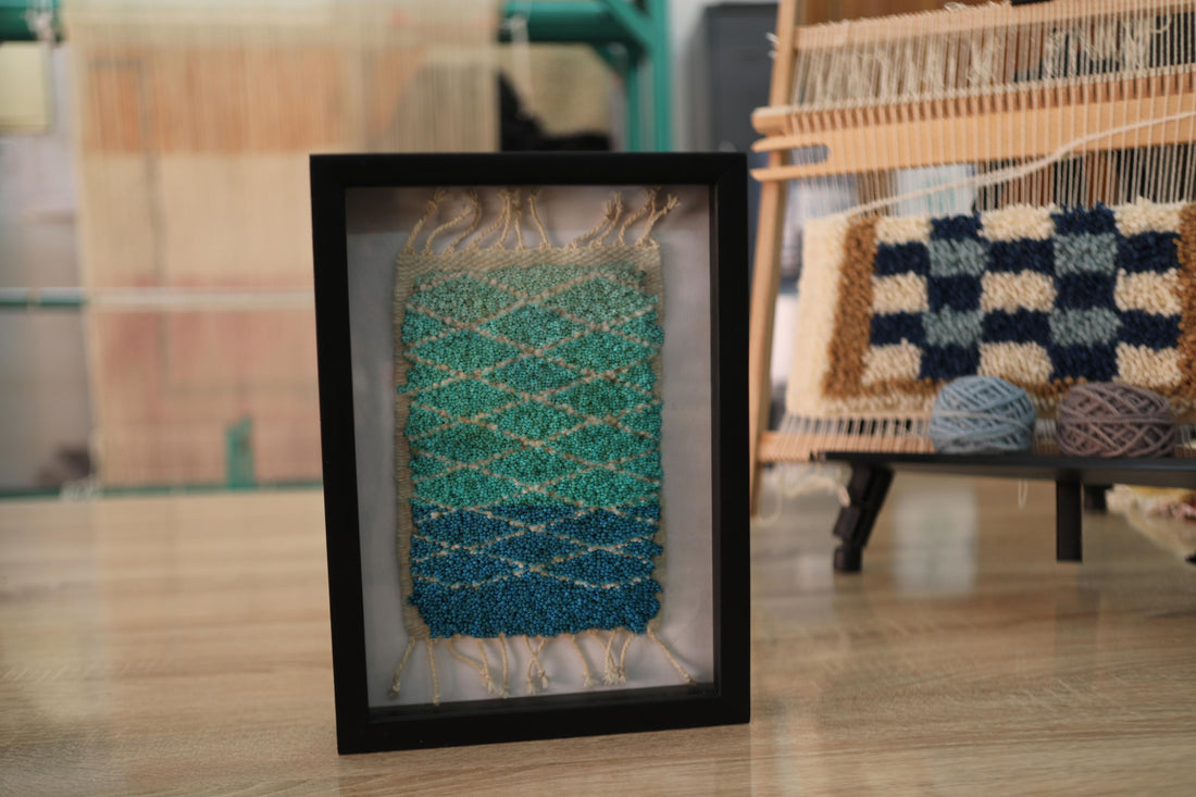 blue green gradient rug, diamond pattern moroccan rug, hand-knotted wool wall art, framed moroccan textile, artisan woven rug, small moroccan rug decor, ombre rug art, knot by knot weaving, boho wall hanging, 25x31 cm moroccan art
