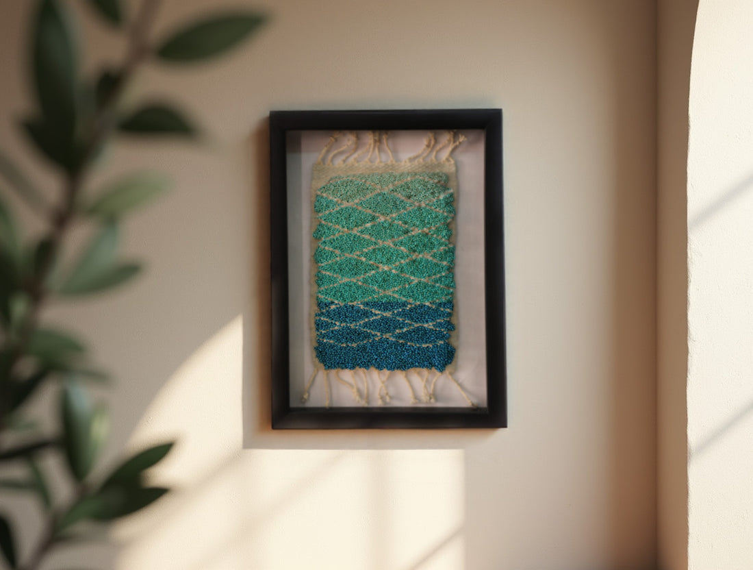 blue green gradient rug, diamond pattern moroccan rug, hand-knotted wool wall art, framed moroccan textile, artisan woven rug, small moroccan rug decor, ombre rug art, knot by knot weaving, boho wall hanging, 25x31 cm moroccan art

