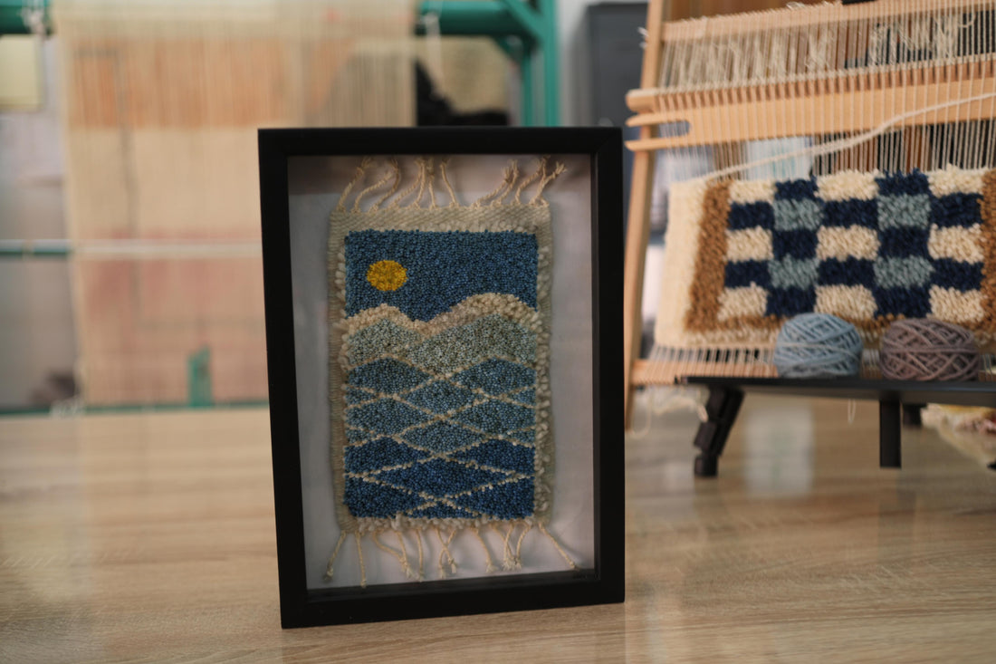 blue moroccan rug, ocean mini rug wall art, framed wool landscape, handmade blue tapestry, knot by knot moroccan art, coastal wool wall decor, abstract sun and sea rug, 25x31 cm framed textile, oceanic moroccan rug