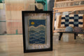 blue moroccan rug, ocean mini rug wall art, framed wool landscape, handmade blue tapestry, knot by knot moroccan art, coastal wool wall decor, abstract sun and sea rug, 25x31 cm framed textile, oceanic moroccan rug