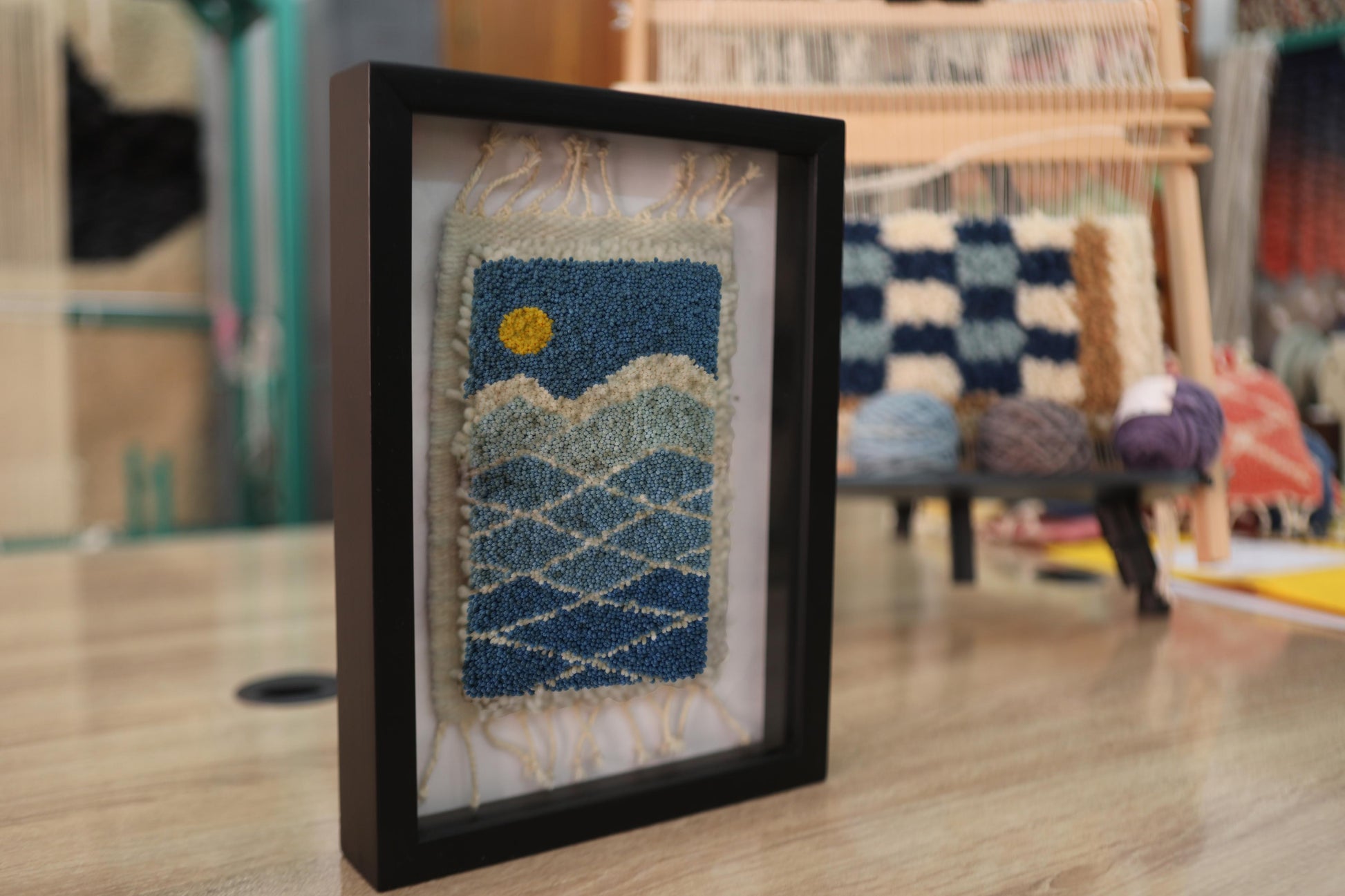 blue moroccan rug, ocean mini rug wall art, framed wool landscape, handmade blue tapestry, knot by knot moroccan art, coastal wool wall decor, abstract sun and sea rug, 25x31 cm framed textile, oceanic moroccan rug