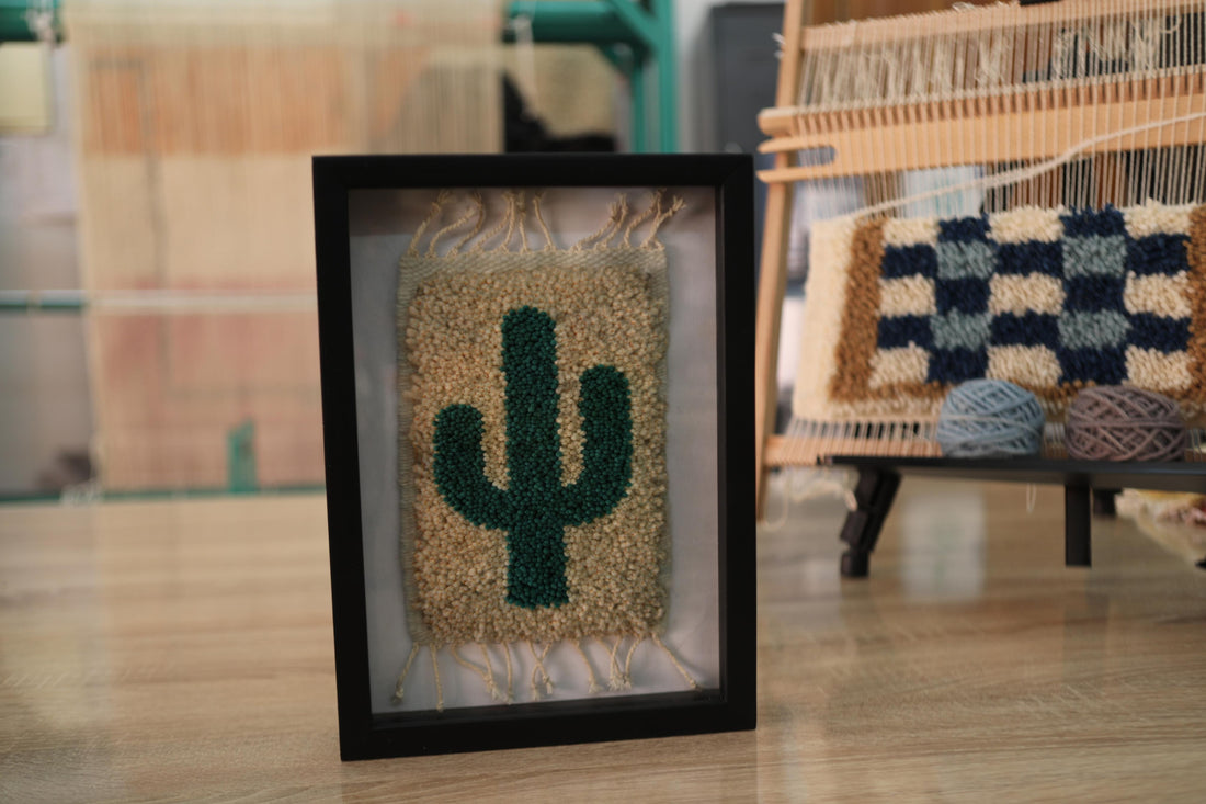 cactus wall art, moroccan rug, hand-knotted cactus rug, framed cactus decor, desert textile art, wool cactus wall hanging, small cactus tapestry, knot by knot moroccan rug, handmade cactus artwork, green cactus wall piece

