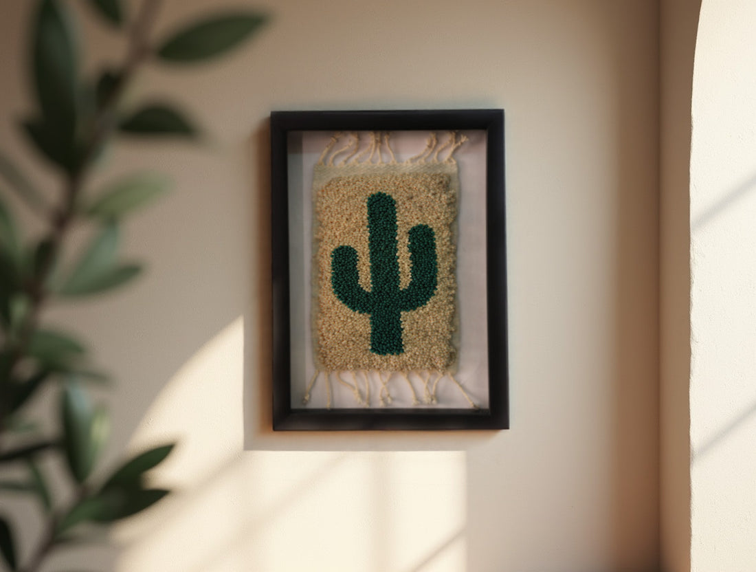 cactus wall art, moroccan rug, hand-knotted cactus rug, framed cactus decor, desert textile art, wool cactus wall hanging, small cactus tapestry, knot by knot moroccan rug, handmade cactus artwork, green cactus wall piece

