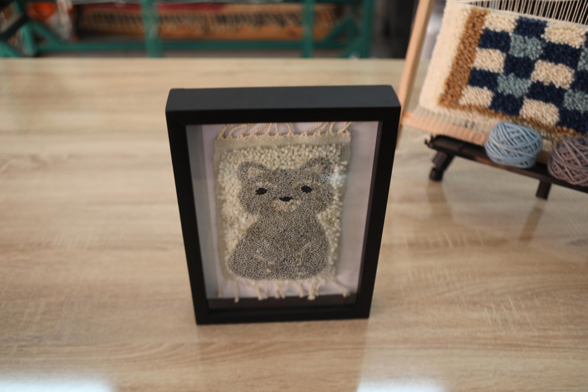 cat moroccan rug, hand knotted wall art, wool cat rug, framed animal wall decor, cute cat textile, handmade moroccan rug art, minimalist cat wall hanging, 25x31 cm wool rug, knot by knot weaving

