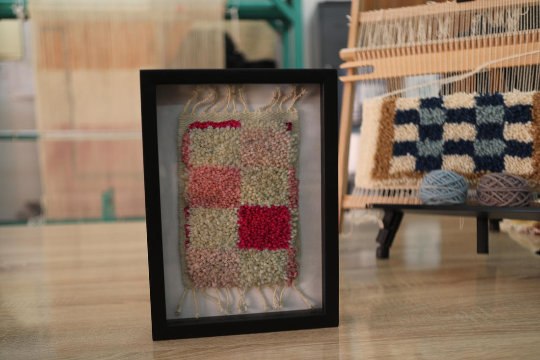 checkerboard moroccan rug, framed mini moroccan textile, red beige pink rug, hand-knotted moroccan wall art, wool checker pattern rug, moroccan decor, artisan made rug, knot by knot rug, framed wool textile, 25x31 cm mini rug
