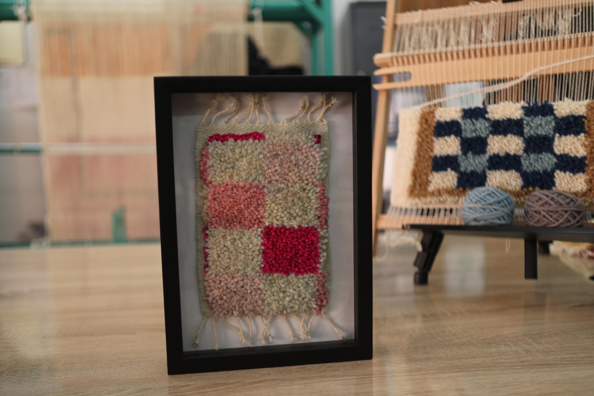 checkerboard moroccan rug, framed mini moroccan textile, red beige pink rug, hand-knotted moroccan wall art, wool checker pattern rug, moroccan decor, artisan made rug, knot by knot rug, framed wool textile, 25x31 cm mini rug
