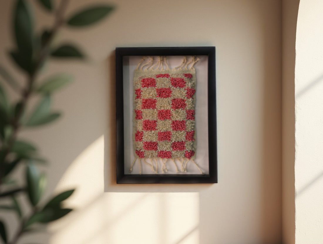 checkerboard moroccan rug, red and cream mini rug, hand-knotted wool rug, mini moroccan textile art, framed moroccan wall decor, wool checker pattern, artisan rug morocco, moroccan rug 25x31 cm, wool wall hanging, boho moroccan decor
