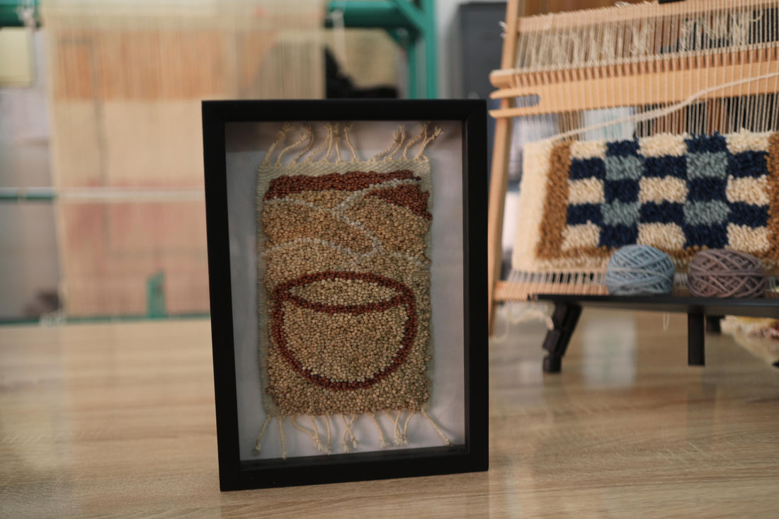 coffee cup rug, minimalist coffee art, moroccan rug wall hanging, hand knotted wool artwork, boho kitchen decor, small moroccan wall tapestry, knot by knot rug, coffee cup wool textile, 25x31 cm framed rug, handmade mini moroccan rug
