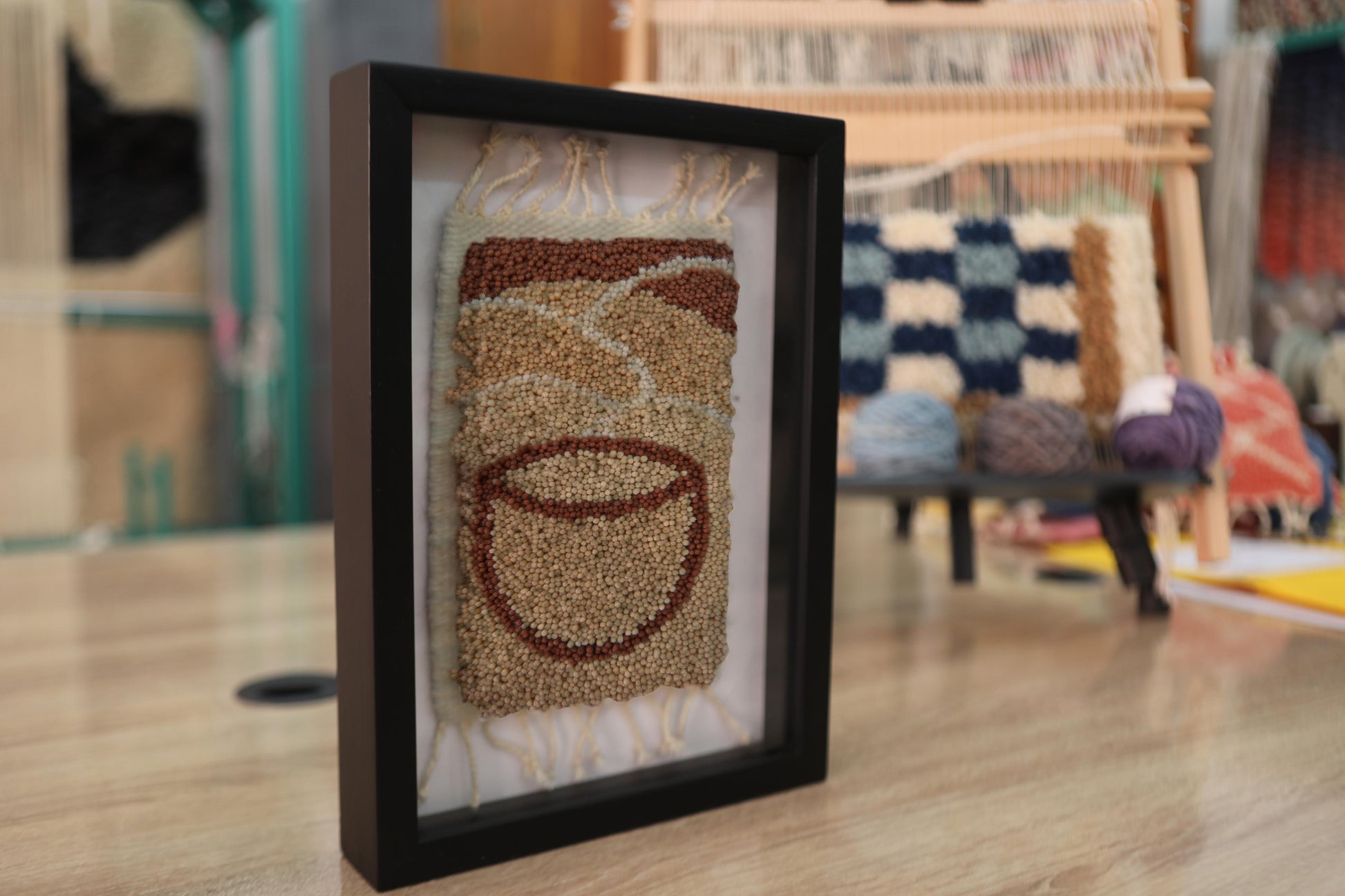 coffee cup rug, minimalist coffee art, moroccan rug wall hanging, hand knotted wool artwork, boho kitchen decor, small moroccan wall tapestry, knot by knot rug, coffee cup wool textile, 25x31 cm framed rug, handmade mini moroccan rug
