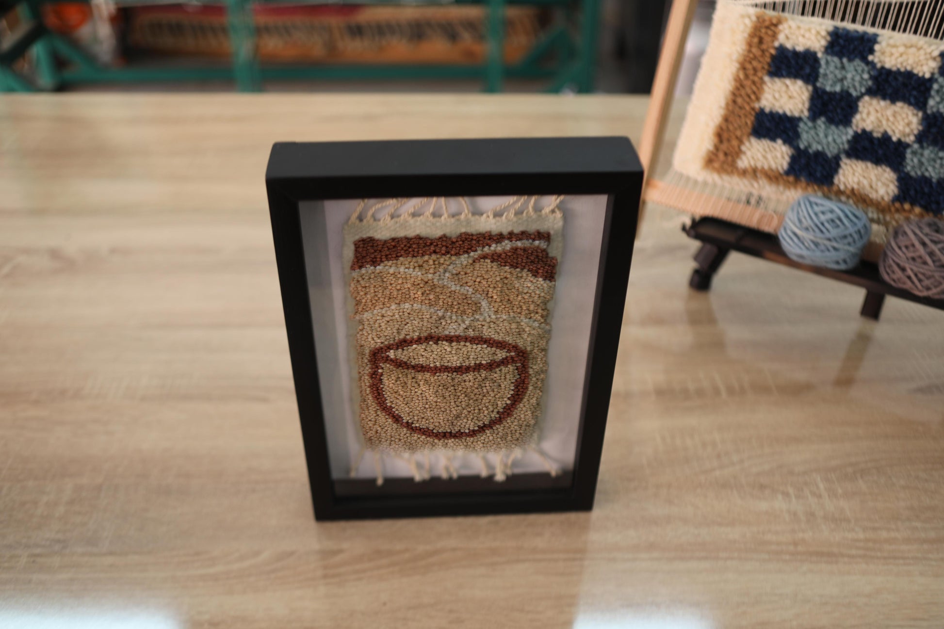 coffee cup rug, minimalist coffee art, moroccan rug wall hanging, hand knotted wool artwork, boho kitchen decor, small moroccan wall tapestry, knot by knot rug, coffee cup wool textile, 25x31 cm framed rug, handmade mini moroccan rug

