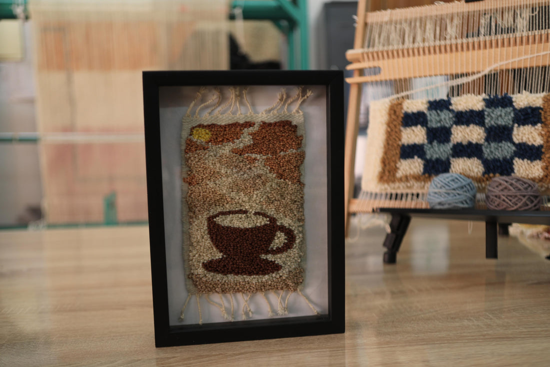 coffee cup wall art, mini moroccan rug, hand knotted wool art, framed textile decor, boho wall hanging, artisanal moroccan design, knot by knot rug, 25x31 cm, wool woven wall piece, cozy decor
