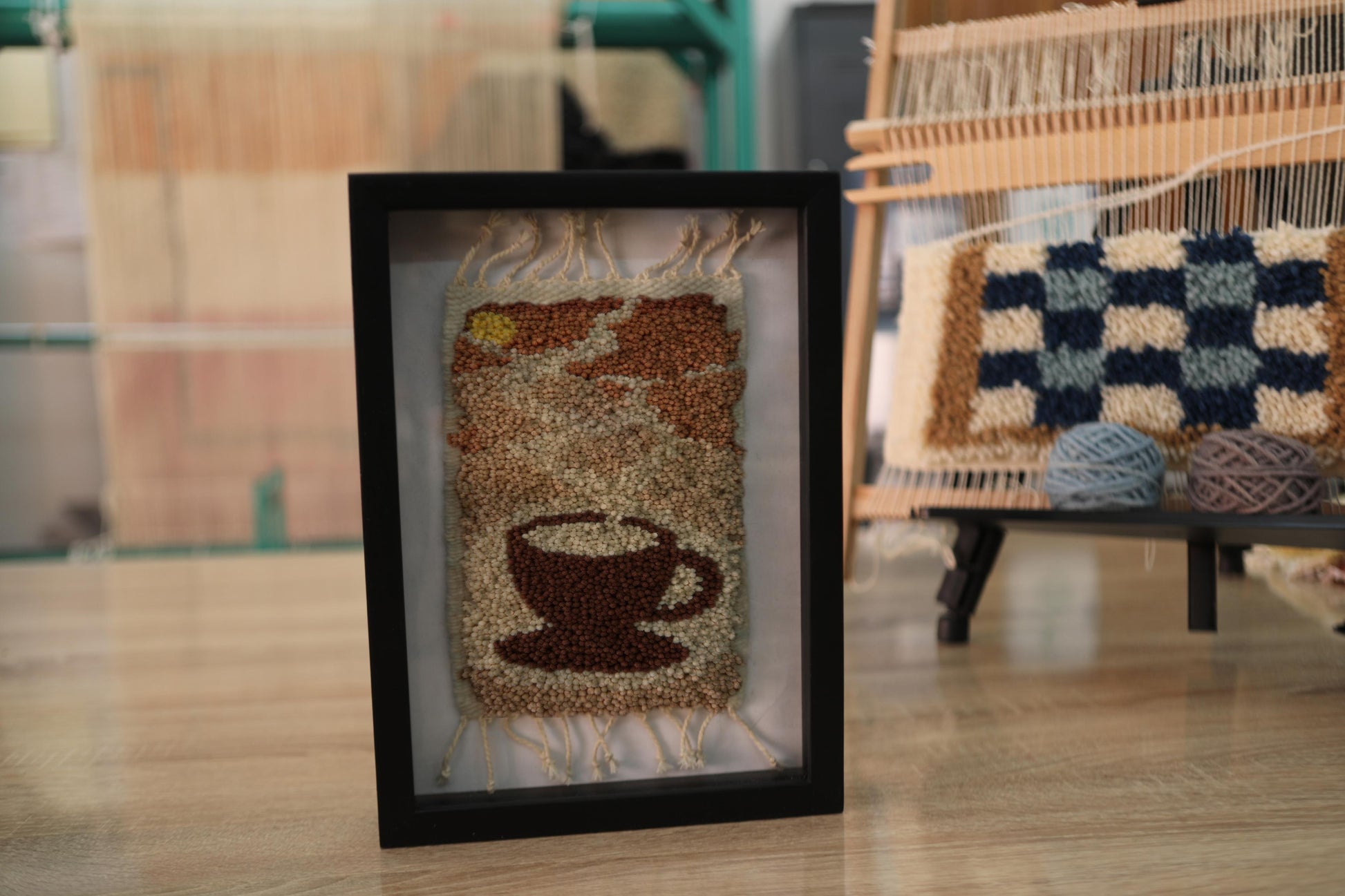 coffee cup wall art, mini moroccan rug, hand knotted wool art, framed textile decor, boho wall hanging, artisanal moroccan design, knot by knot rug, 25x31 cm, wool woven wall piece, cozy decor
