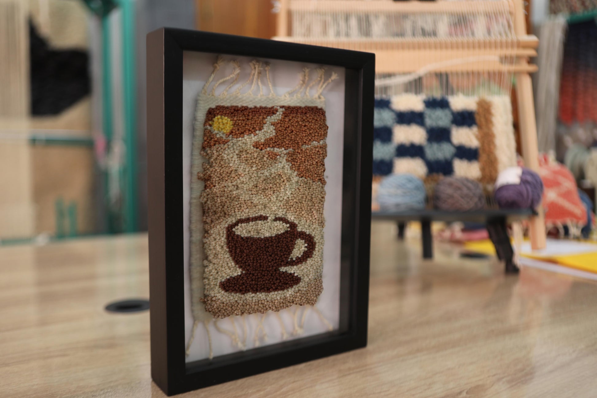 coffee cup wall art, mini moroccan rug, hand knotted wool art, framed textile decor, boho wall hanging, artisanal moroccan design, knot by knot rug, 25x31 cm, wool woven wall piece, cozy decor
