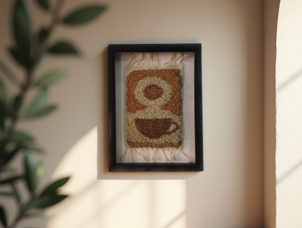 coffee cup wall art, moroccan rug, steam swirl coffee design, hand knotted wool art, knot by knot tapestry, coffee mug decor, café wall hanging, warm earth tones textile, 25x31 cm wool framed rug, artisan rug artwork
