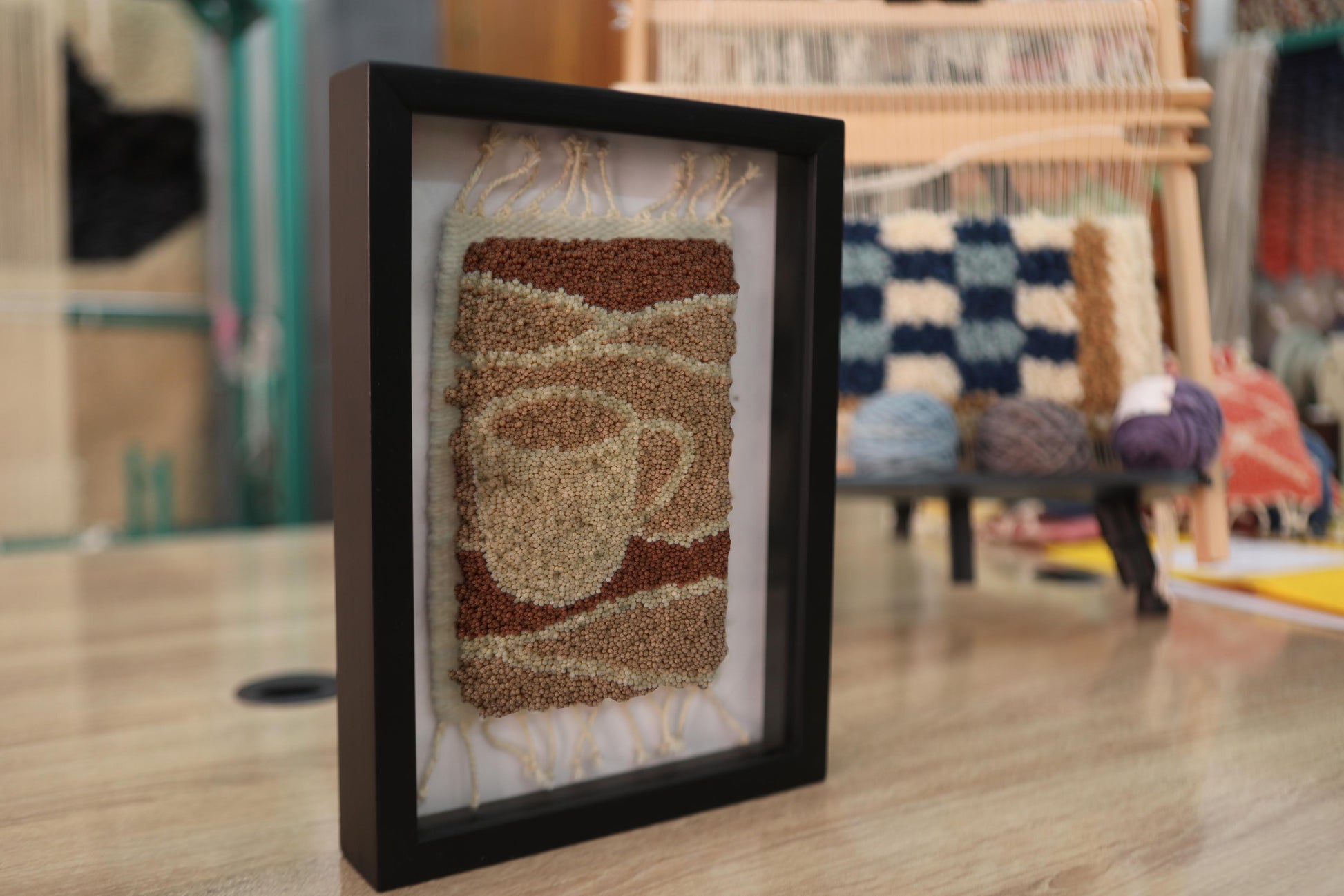 coffee mug rug wall art, moroccan rug, minimalist wool tapestry, hand knotted textile art, coffee cup wall hanging, café decor framed, warm beige wool art, knot by knot weaving, 25x31 cm mini rug, handmade moroccan coffee decor
