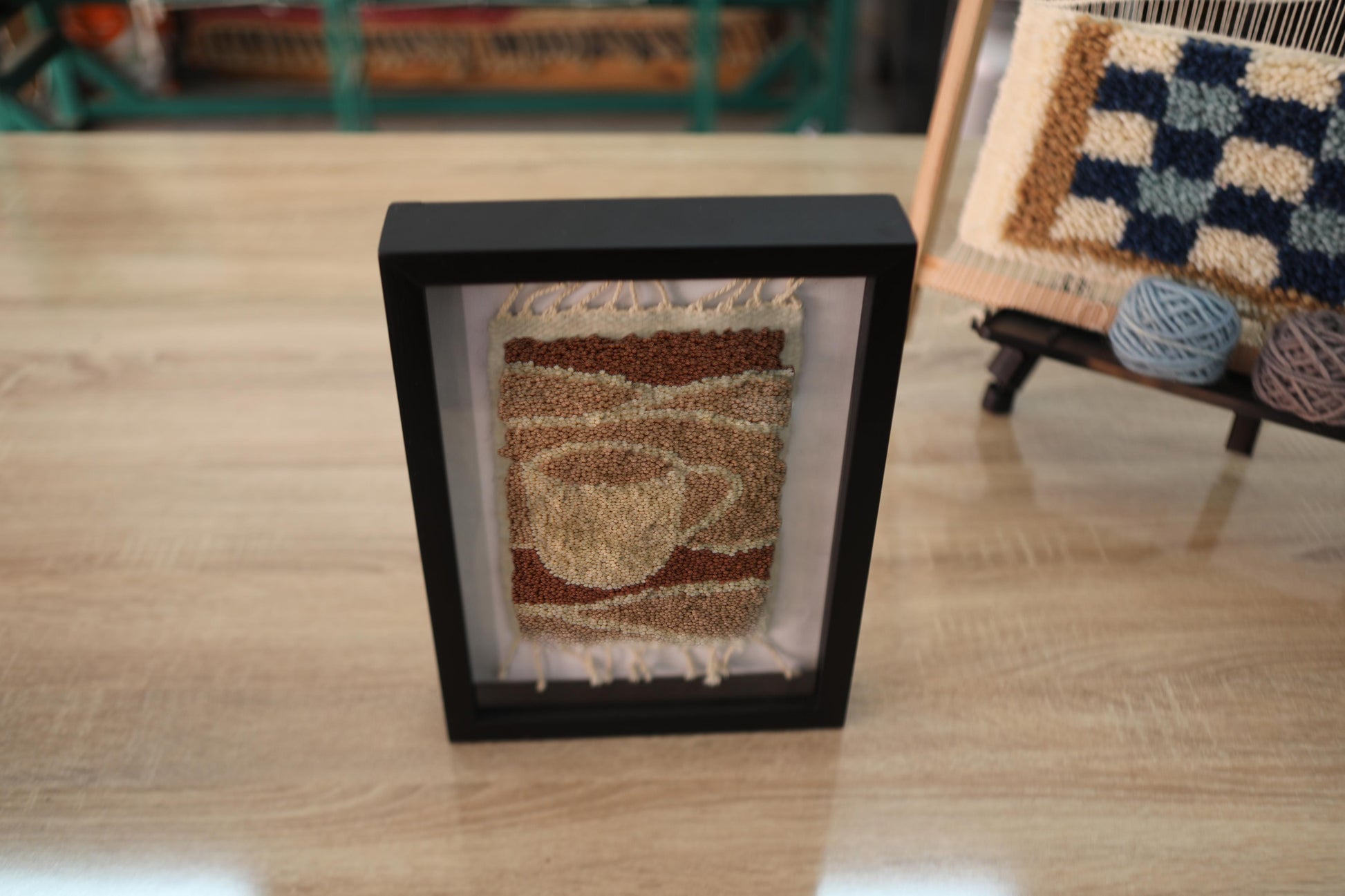 coffee mug rug wall art, moroccan rug, minimalist wool tapestry, hand knotted textile art, coffee cup wall hanging, café decor framed, warm beige wool art, knot by knot weaving, 25x31 cm mini rug, handmade moroccan coffee decor