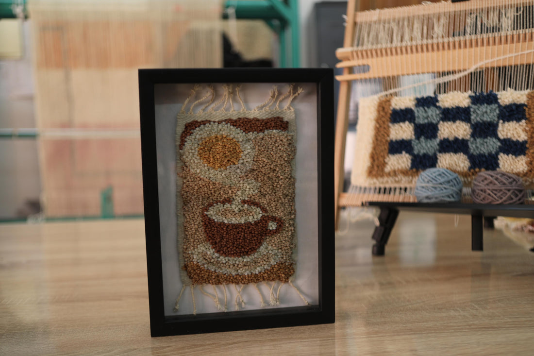 Framed Hand-Knotted Moroccan Rug Wall Art – Coffee Cup Design (25x31 cm)