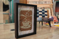 coffee rug wall art, moroccan mini rug, hand-knotted coffee cup tapestry, framed wool art, espresso decor, knot by knot rug, cafe wall hanging, neutral textile art
