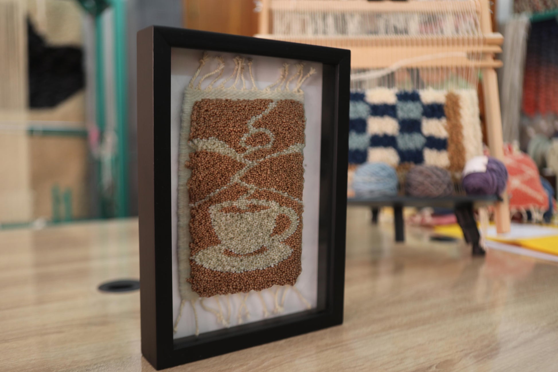 coffee rug wall art, moroccan mini rug, hand-knotted coffee cup tapestry, framed wool art, espresso decor, knot by knot rug, cafe wall hanging, neutral textile art

