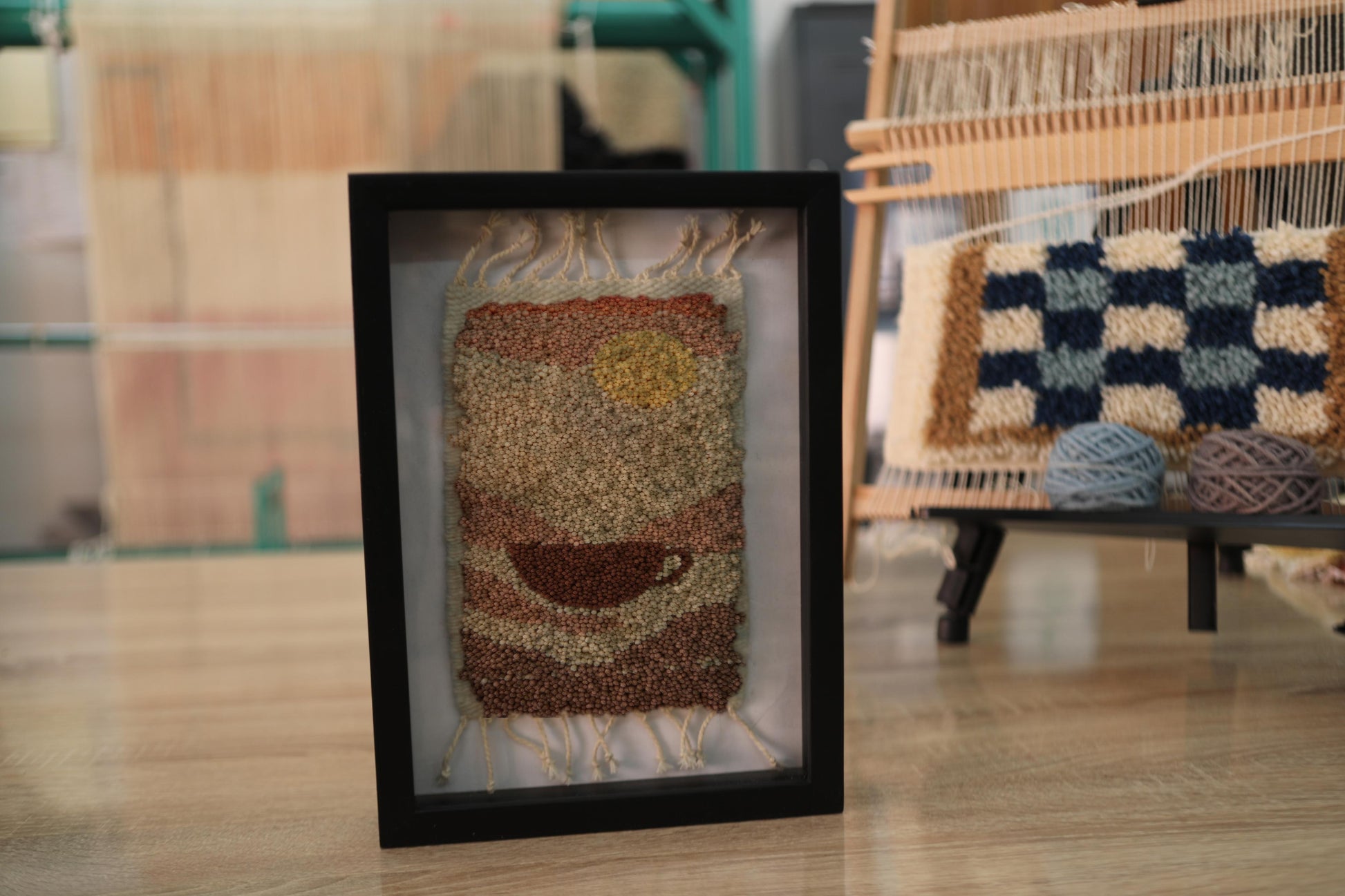 coffee rug wall art, moroccan mini rug, hand-knotted tapestry, coffee decor textile, boho kitchen art, knot by knot moroccan rug, wool framed coffee art, mini wall hanging
