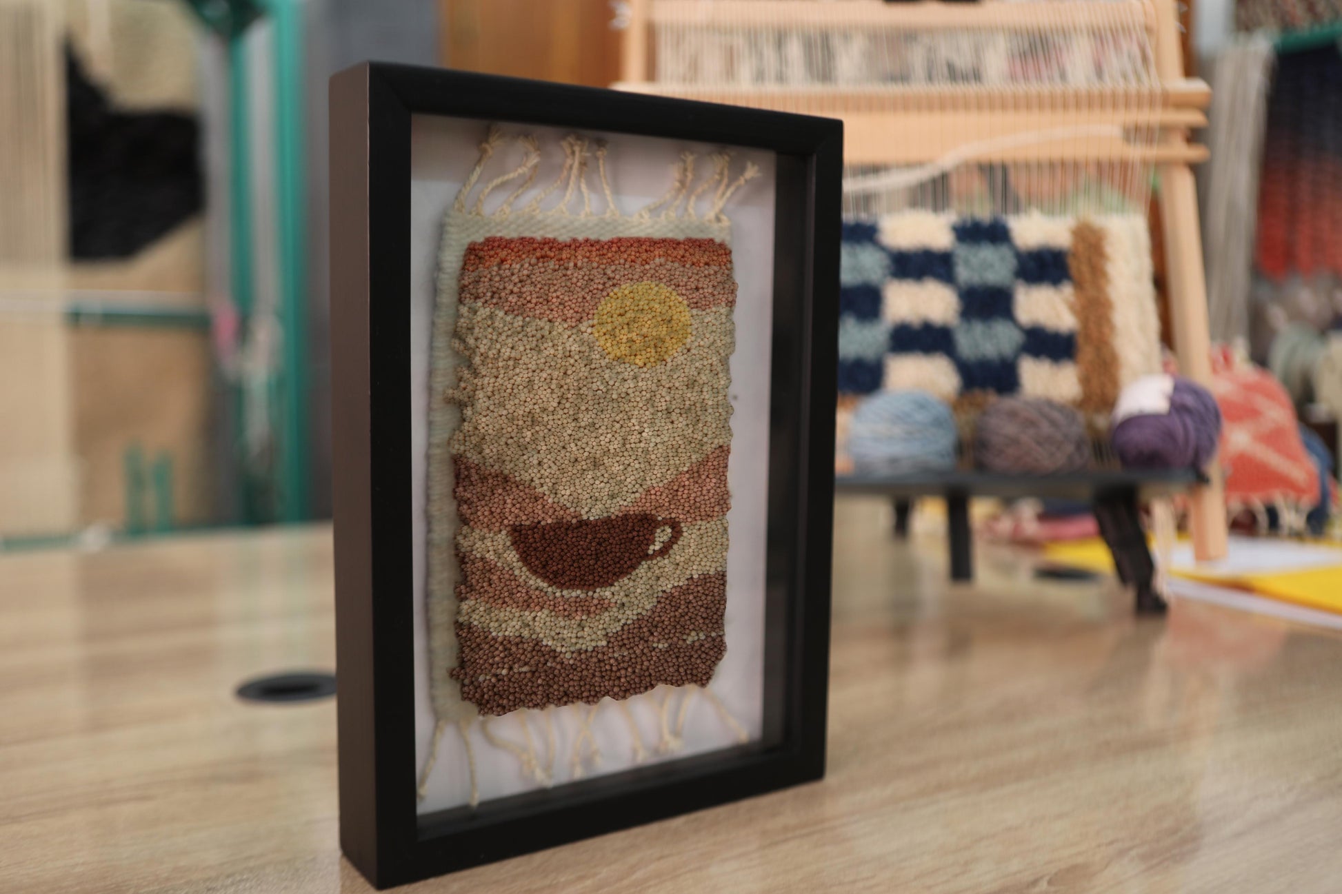 coffee rug wall art, moroccan mini rug, hand-knotted tapestry, coffee decor textile, boho kitchen art, knot by knot moroccan rug, wool framed coffee art, mini wall hanging
