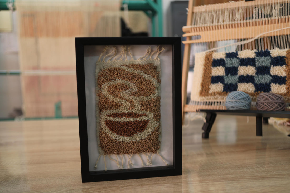 coffee steam rug, abstract coffee art, moroccan rug wall decor, hand knotted wool art, cozy kitchen wall hanging, bohemian framed textile, knot by knot moroccan rug, steam swirl wool tapestry, artisan coffee decor, 25x31 cm framed rug
