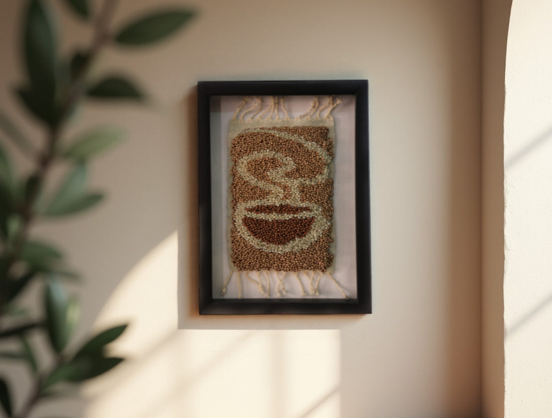 coffee steam rug, abstract coffee art, moroccan rug wall decor, hand knotted wool art, cozy kitchen wall hanging, bohemian framed textile, knot by knot moroccan rug, steam swirl wool tapestry, artisan coffee decor, 25x31 cm framed rug
