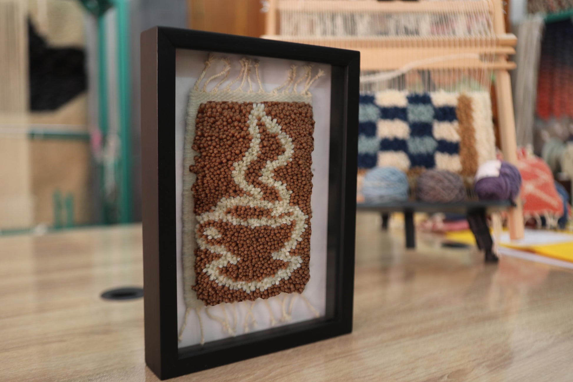 coffee steam wall art, moroccan rug, coffee cup textile, hand knotted wool rug, handmade wall hanging, boho kitchen decor, wool art, knot by knot weaving, coffee lover gift, cafe wall decor, 25x31 cm
