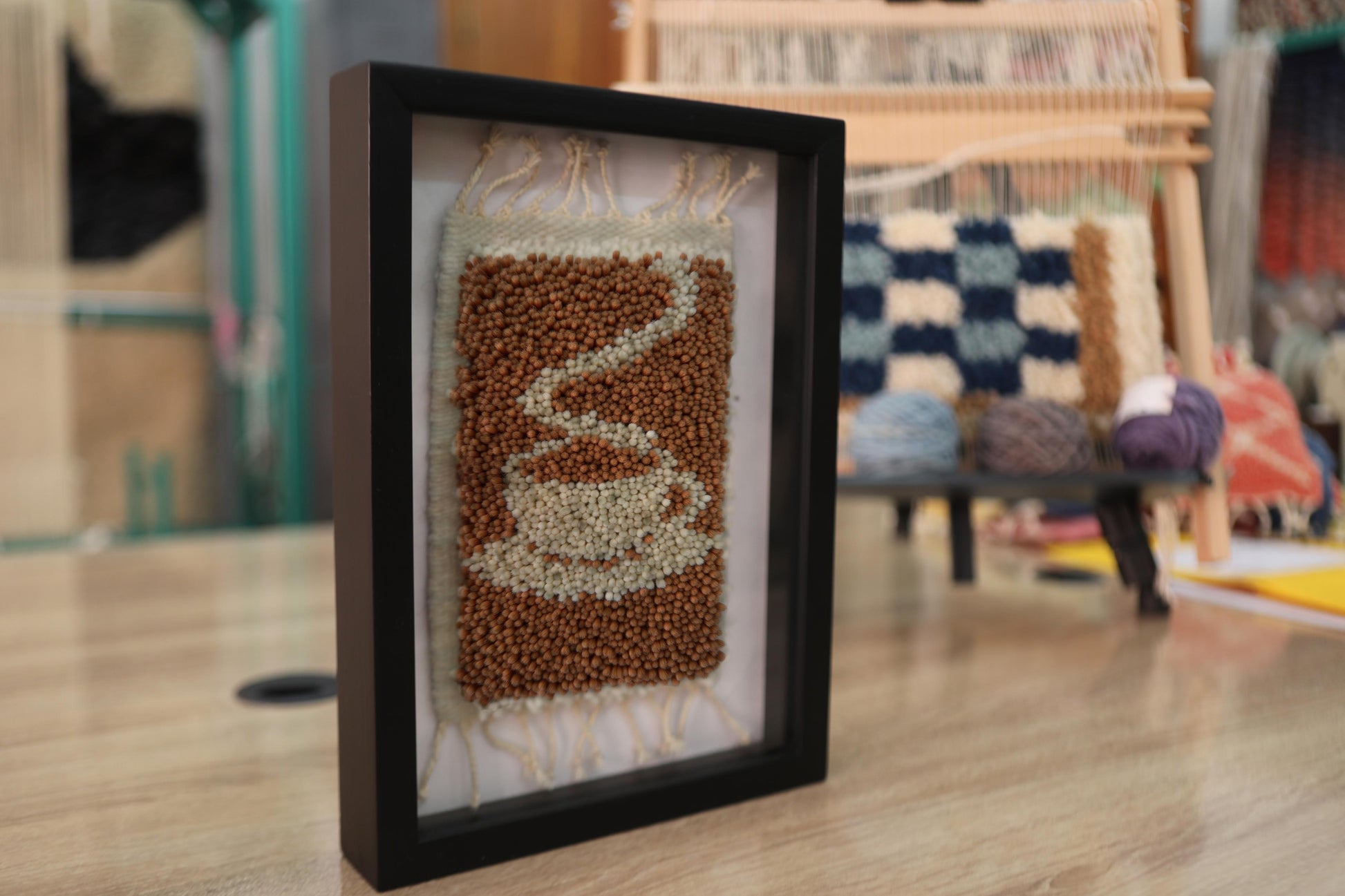 coffee wall rug, steaming cup textile, moroccan mini rug art, knot by knot rug, boho coffee nook decor, wool coffee wall hanging, hand-knotted moroccan tapestry, framed rug art
