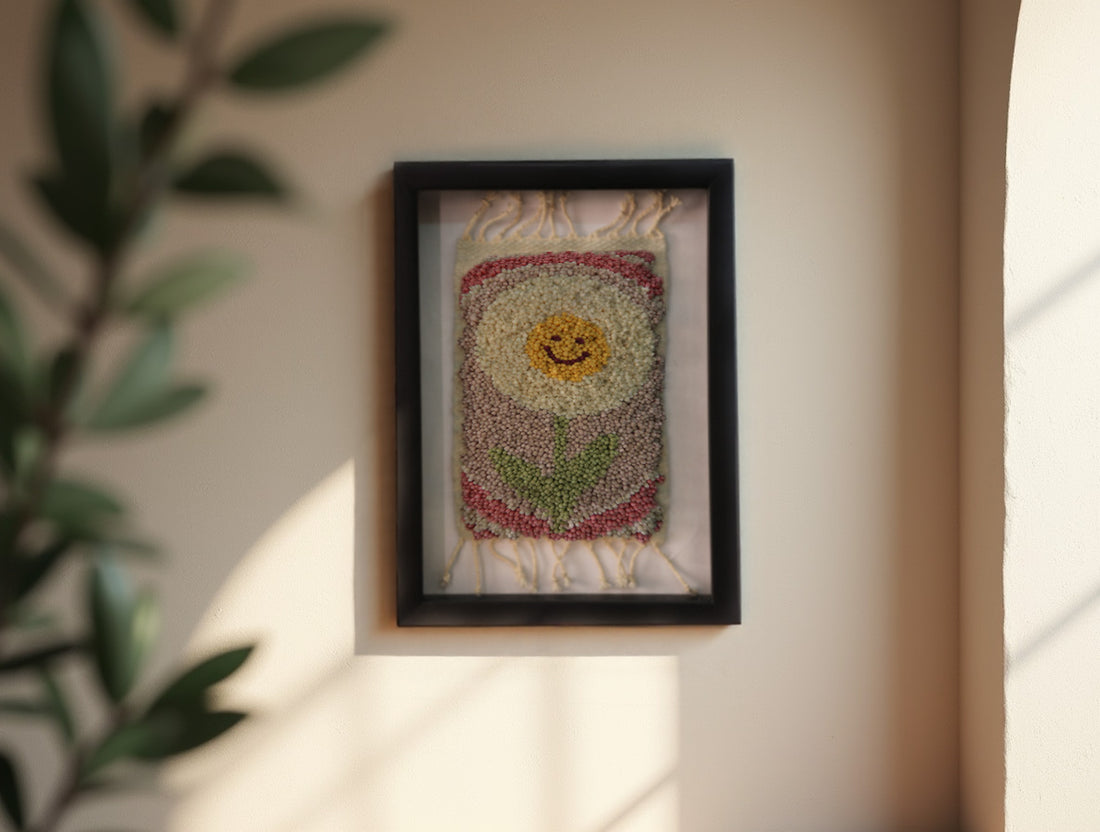 cream smiling flower rug, moroccan rug wall art, hand-knotted mini wool tapestry, framed flower textile, bohemian wool wall decor, yellow floral face rug, knot by knot moroccan rug, wool flower wall hanging, 25x31 cm framed rug art, happy flower wall textile
