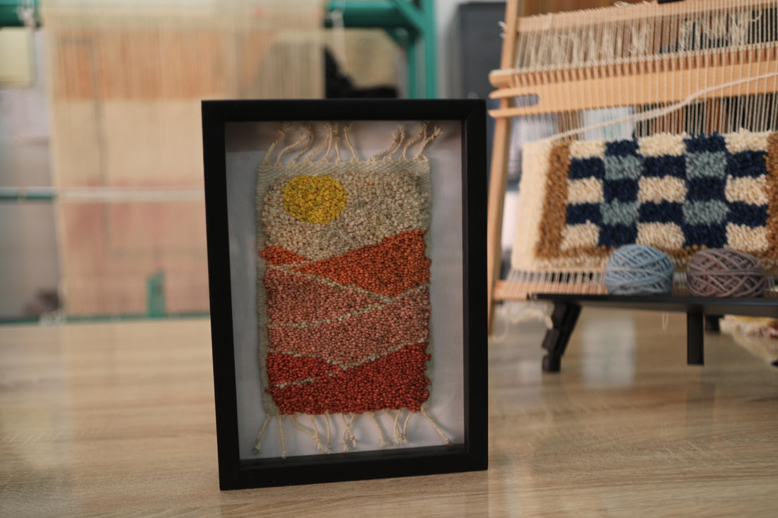 desert sunset moroccan rug, framed mini moroccan tapestry, handmade wool art, knot by knot rug wall decor, 25x31 cm rug, moroccan landscape weaving, sun and sand art textile, artisan wool wall hanging, moroccan craft, desert tones
