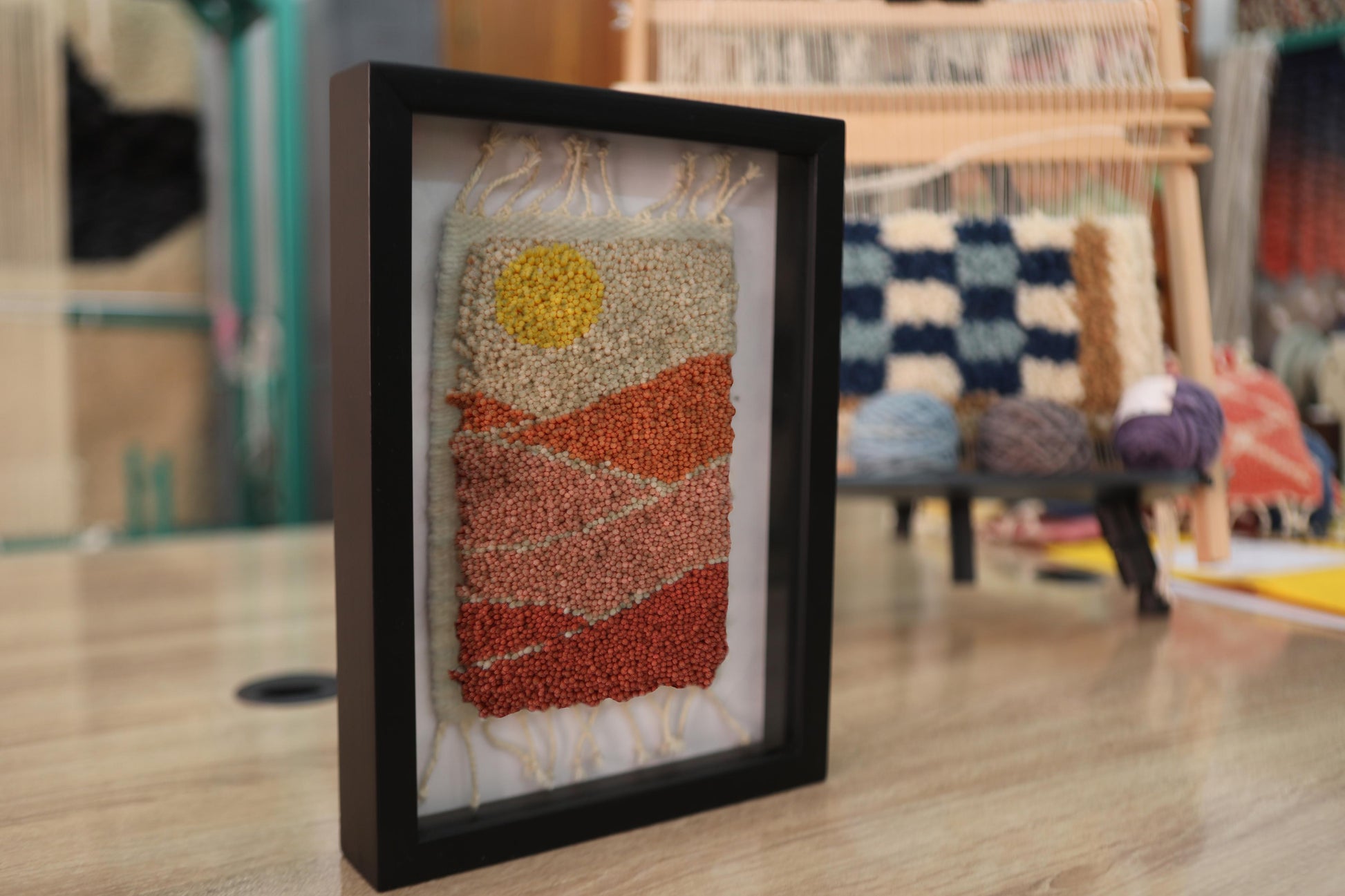desert sunset moroccan rug, framed mini moroccan tapestry, handmade wool art, knot by knot rug wall decor, 25x31 cm rug, moroccan landscape weaving, sun and sand art textile, artisan wool wall hanging, moroccan craft, desert tones
