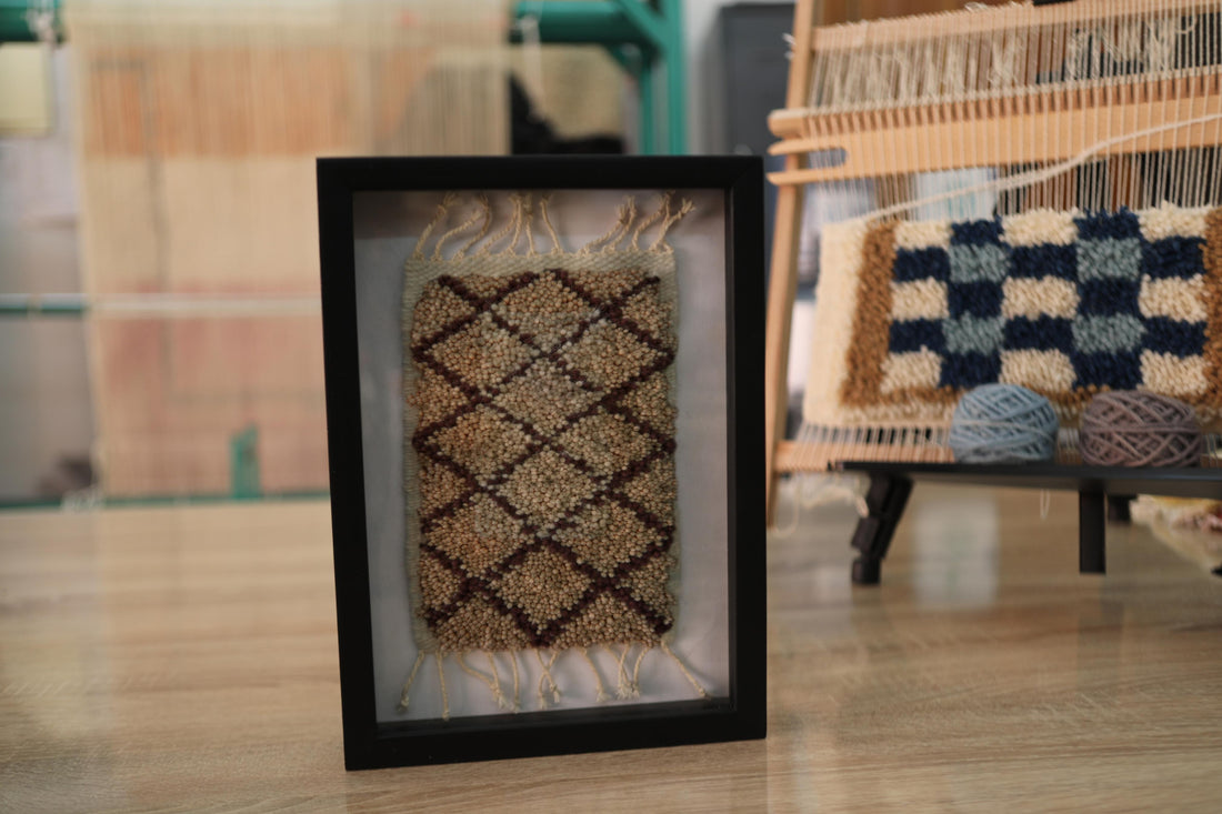 diamond lattice rug, moroccan rug, black and beige wool wall art, hand knotted textile, knot by knot framed rug, geometric pattern art, tribal decor, mini tapestry, artisan wool design, 25x31 cm rug
