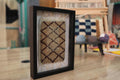 diamond lattice rug, moroccan rug, black and beige wool wall art, hand knotted textile, knot by knot framed rug, geometric pattern art, tribal decor, mini tapestry, artisan wool design, 25x31 cm rug
