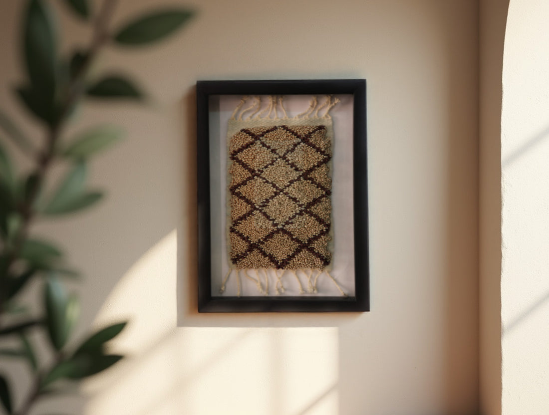 diamond lattice rug, moroccan rug, black and beige wool wall art, hand knotted textile, knot by knot framed rug, geometric pattern art, tribal decor, mini tapestry, artisan wool design, 25x31 cm rug
