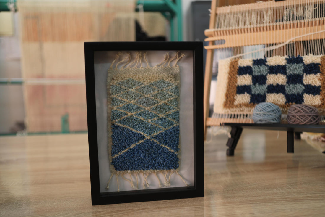 diamond moroccan rug, framed wool wall art, hand-knotted textile decor, blue mini rug, 25x31 cm moroccan rug, knot by knot wool weaving, moroccan art piece, artisan lattice rug
