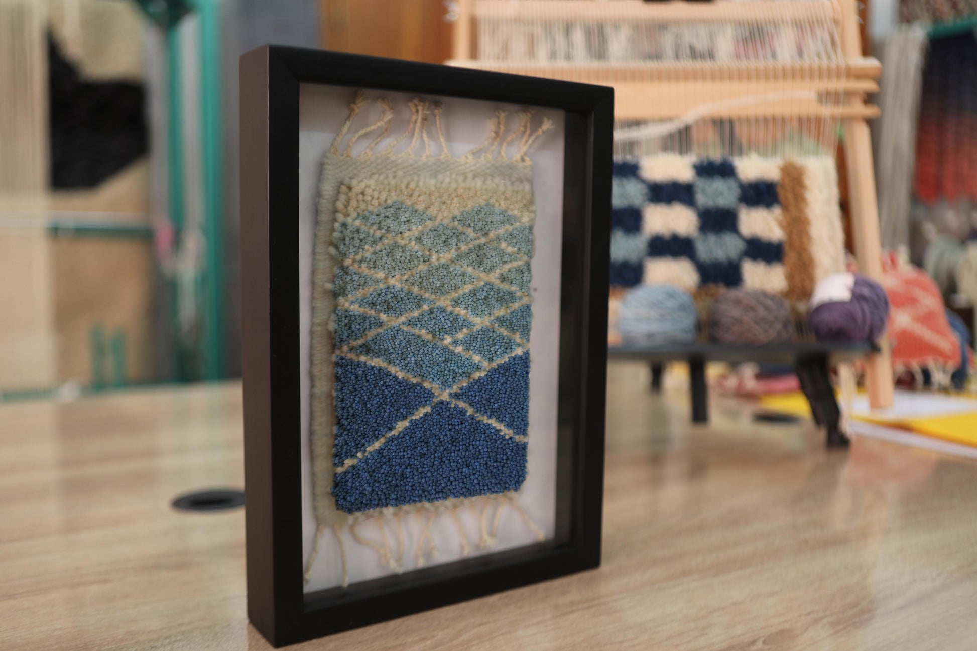 diamond moroccan rug, framed wool wall art, hand-knotted textile decor, blue mini rug, 25x31 cm moroccan rug, knot by knot wool weaving, moroccan art piece, artisan lattice rug
