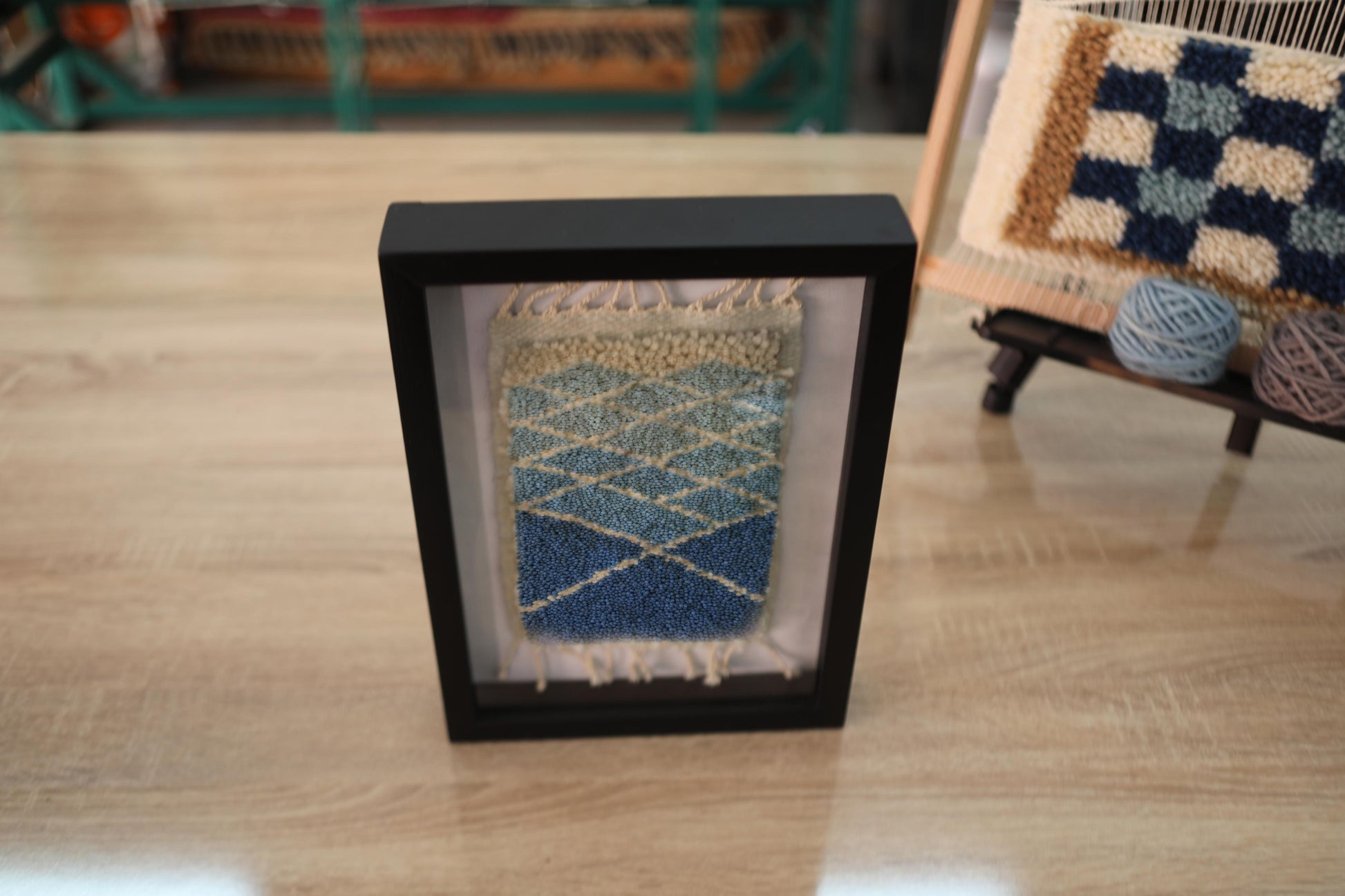 diamond moroccan rug, framed wool wall art, hand-knotted textile decor, blue mini rug, 25x31 cm moroccan rug, knot by knot wool weaving, moroccan art piece, artisan lattice rug
