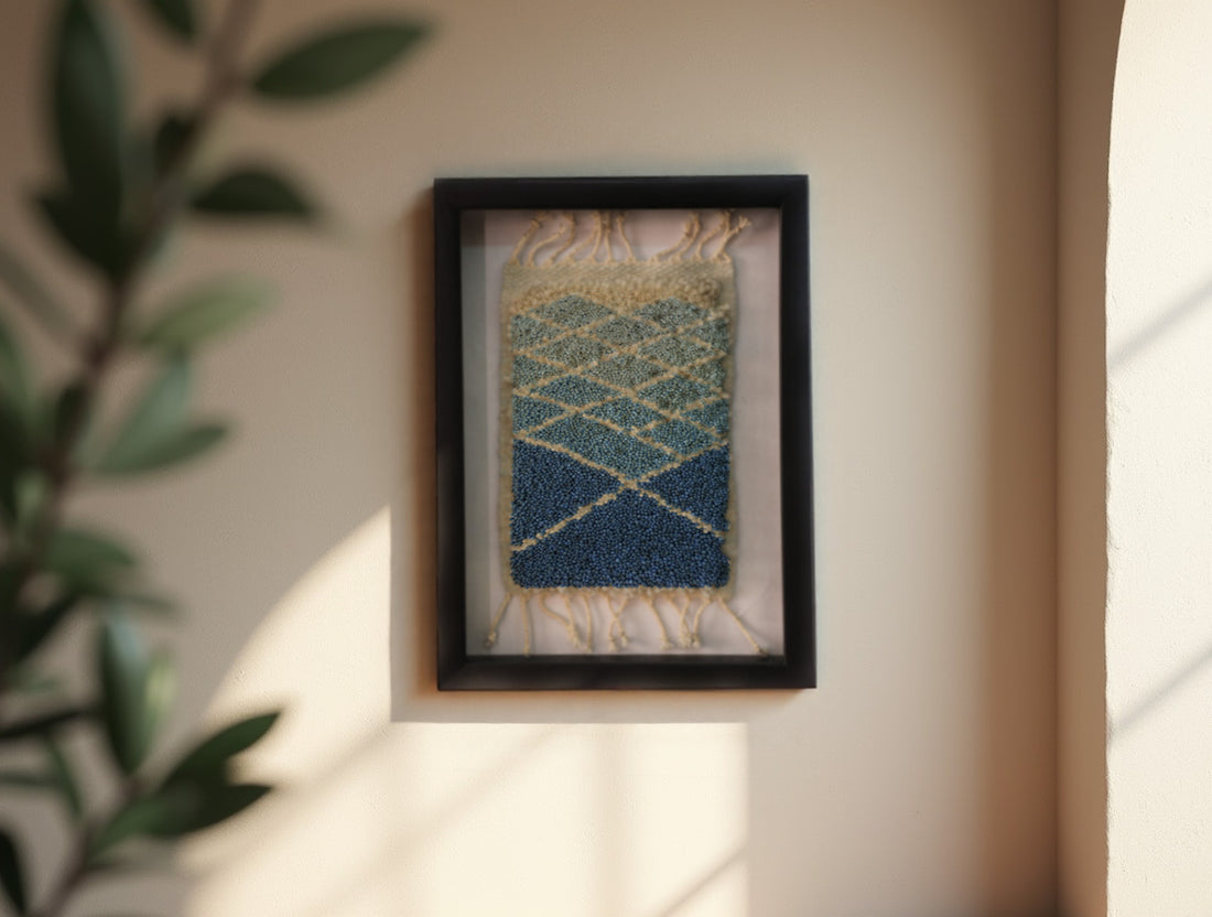 diamond moroccan rug, framed wool wall art, hand-knotted textile decor, blue mini rug, 25x31 cm moroccan rug, knot by knot wool weaving, moroccan art piece, artisan lattice rug
