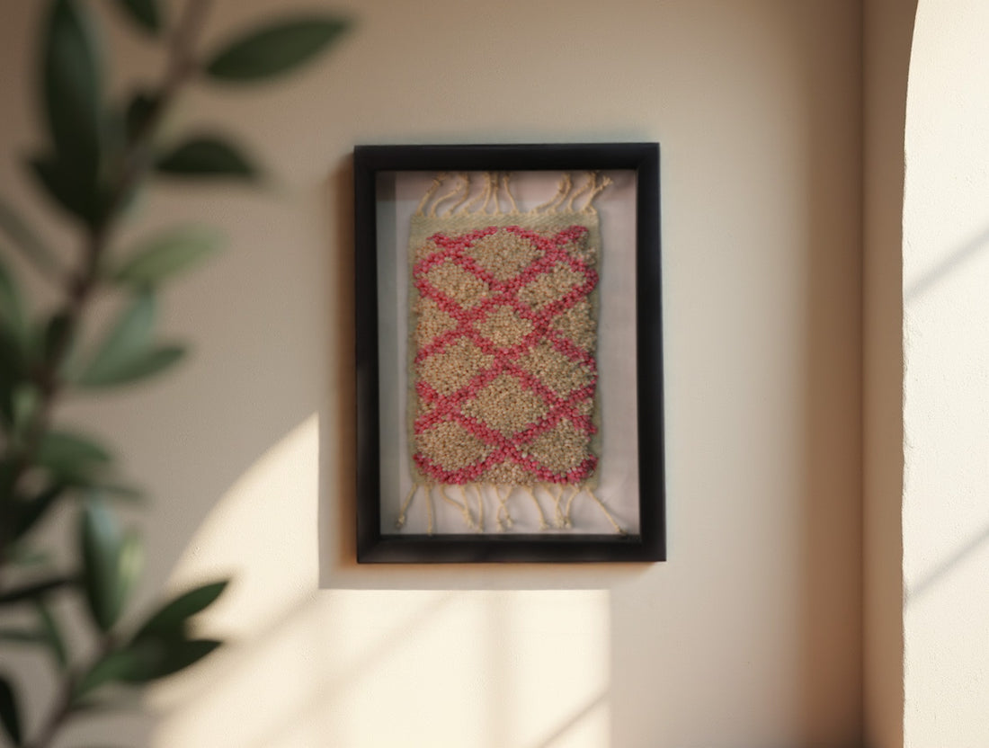 diamond pattern moroccan rug, hand knotted wool rug, mini moroccan wall art, pink cream framed rug, boho moroccan decor, artisan wall textile, traditional moroccan weaving, moroccan rug 25x31 cm, knot by knot rug, berber rug miniature, handmade wool wall piece
