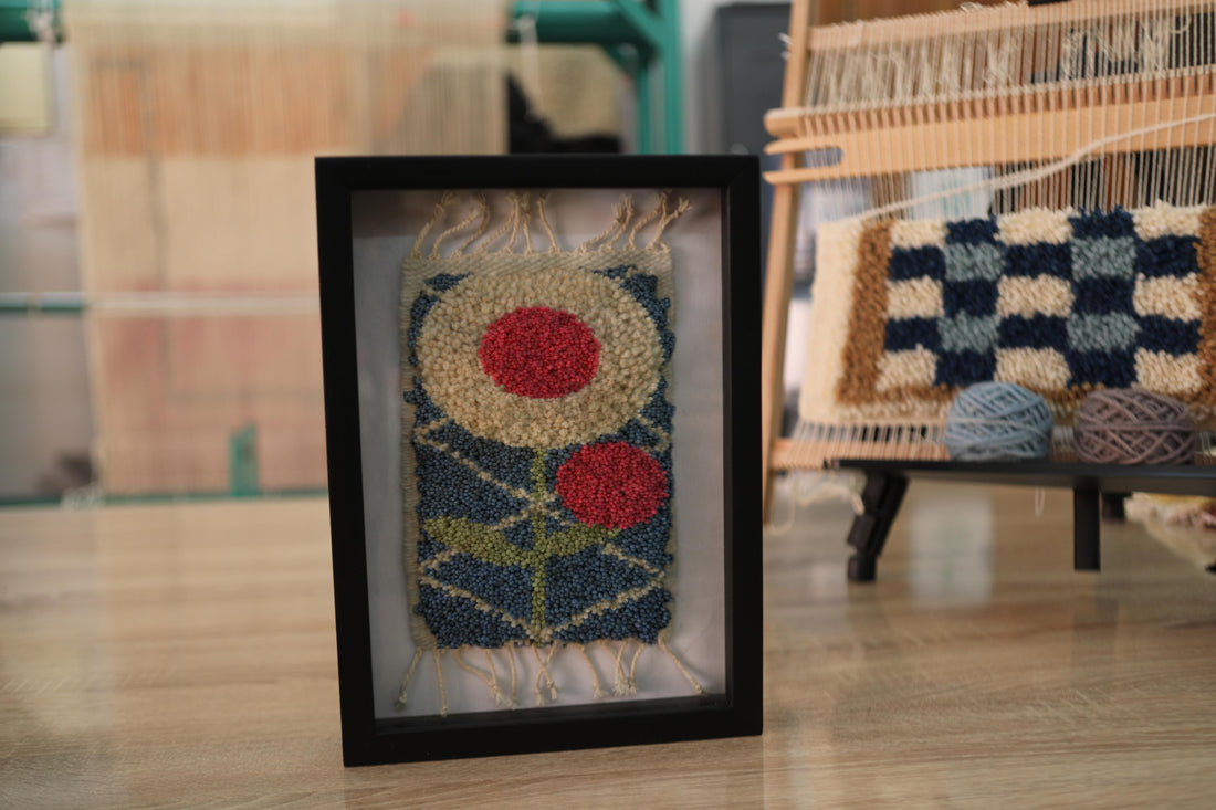 Framed Double Bloom Moroccan Rug Wall Hanging – Hand-Knotted Wool Textile Art (25x31 cm)