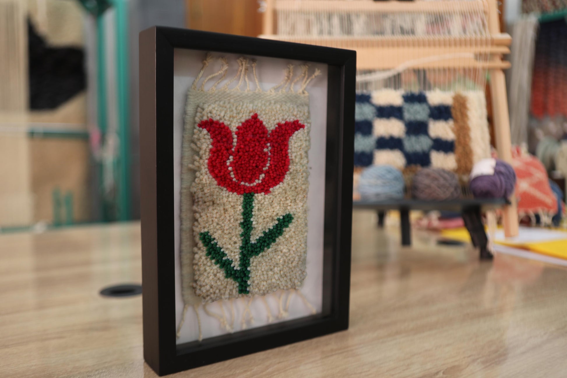 double tulip moroccan rug, red tulip wall decor, handmade wool floral art, knot by knot mini rug, moroccan textile art, boho wall rug, small wool tapestry, framed moroccan rug art, artisan flower wall hanging, 25x31 cm tulip decor
